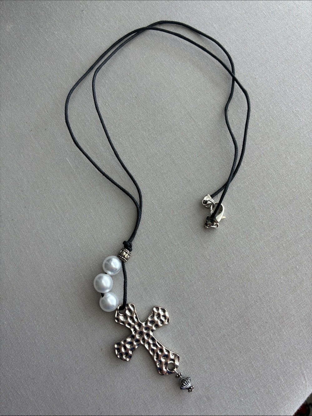 Silver Hammered Cross Pendant Necklace with Pearl Accents - Black Cord